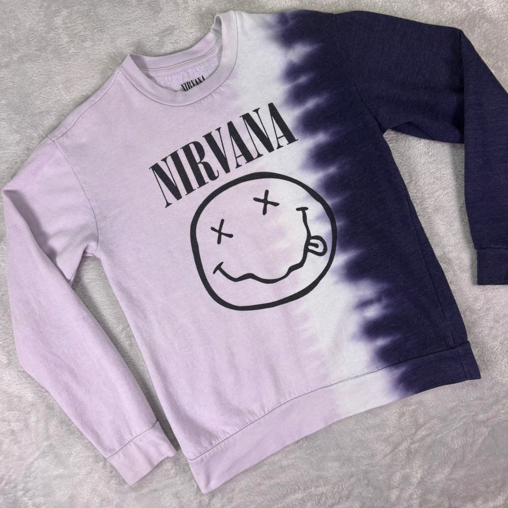 Nirvana Women's Purple‎ Tie-Dye Crewneck Sweatshirt Sz Small Graphic Smiley Logo